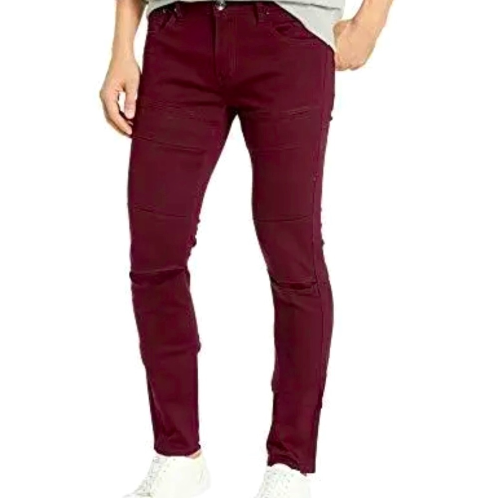 mens guys WT02 rip stretch twill biker pants jeans flap burgundy red size 30X30